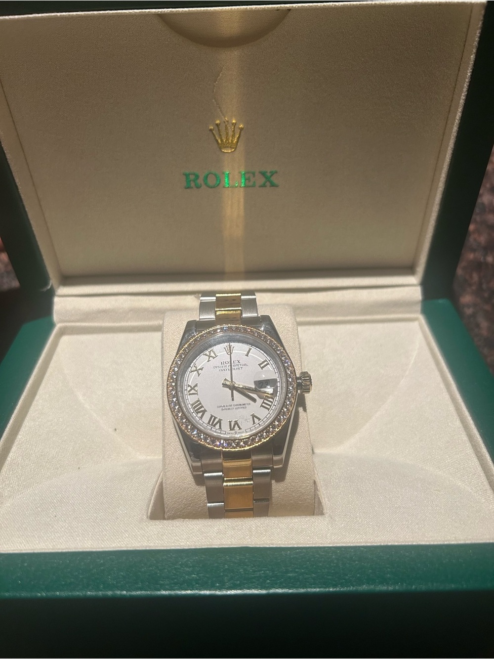 Rolex Two-Tone Gold and Silver Diamond Bezel Watch with White Dial